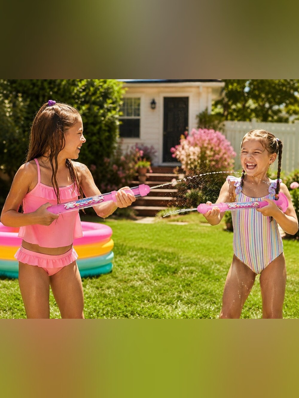 2 Pink Cartoon Water Blaster Squirt Toys Pump Action Water Guns 16" Summer Lot